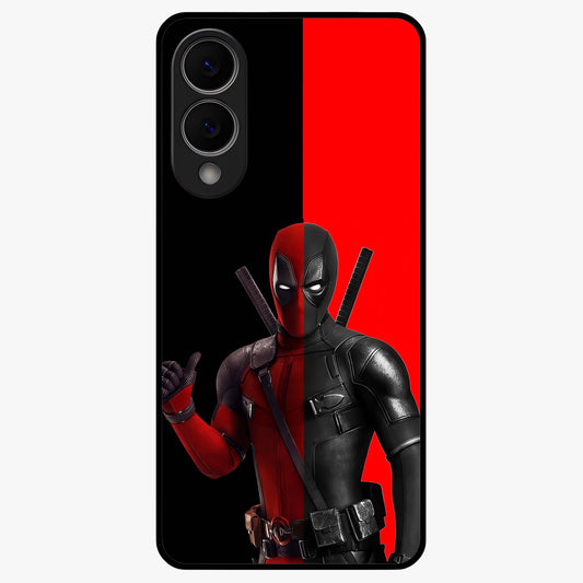 Red & Black Deadpool Theme Glass Case showing flat back view with bold comic inspired artwork and glossy glass finish.