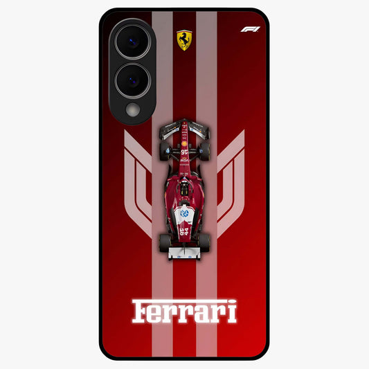 Red Ferrari F1 Vertical Glass Case showing flat back view with sleek Formula racing car artwork and glossy glass finish.