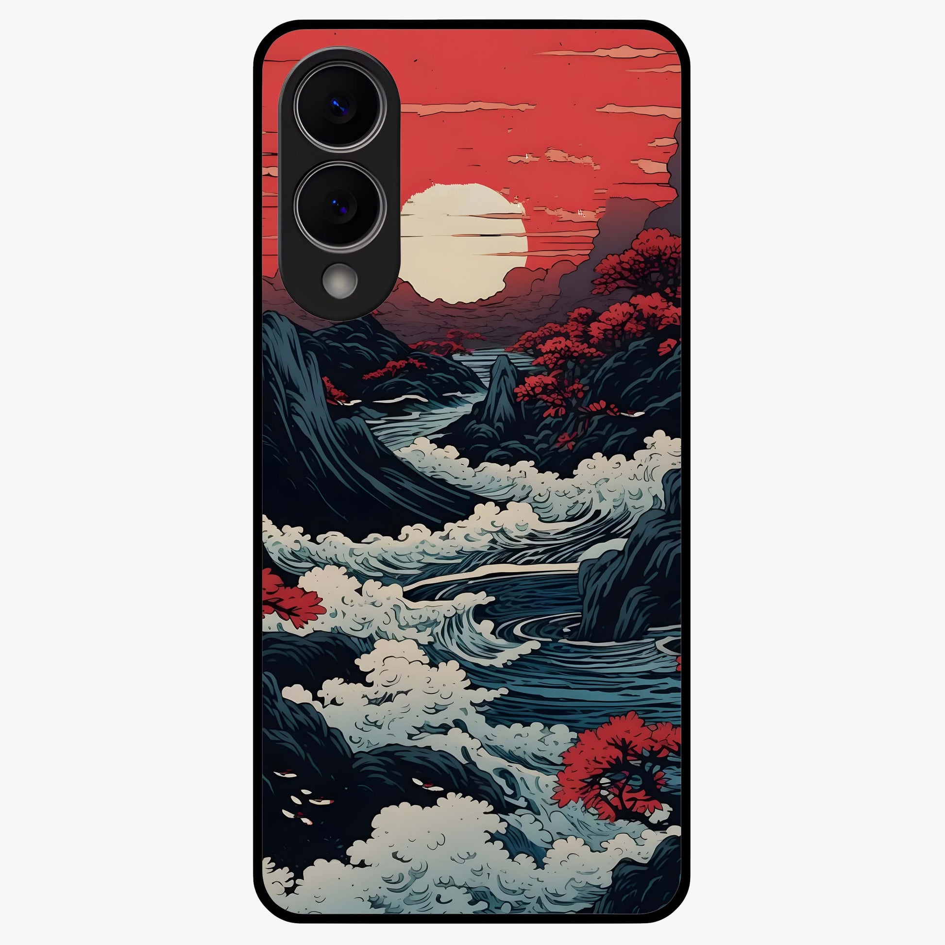 Red Sunset Scenery Glass Case showing flat back view with vibrant sunset landscape artwork and glossy glass finish.