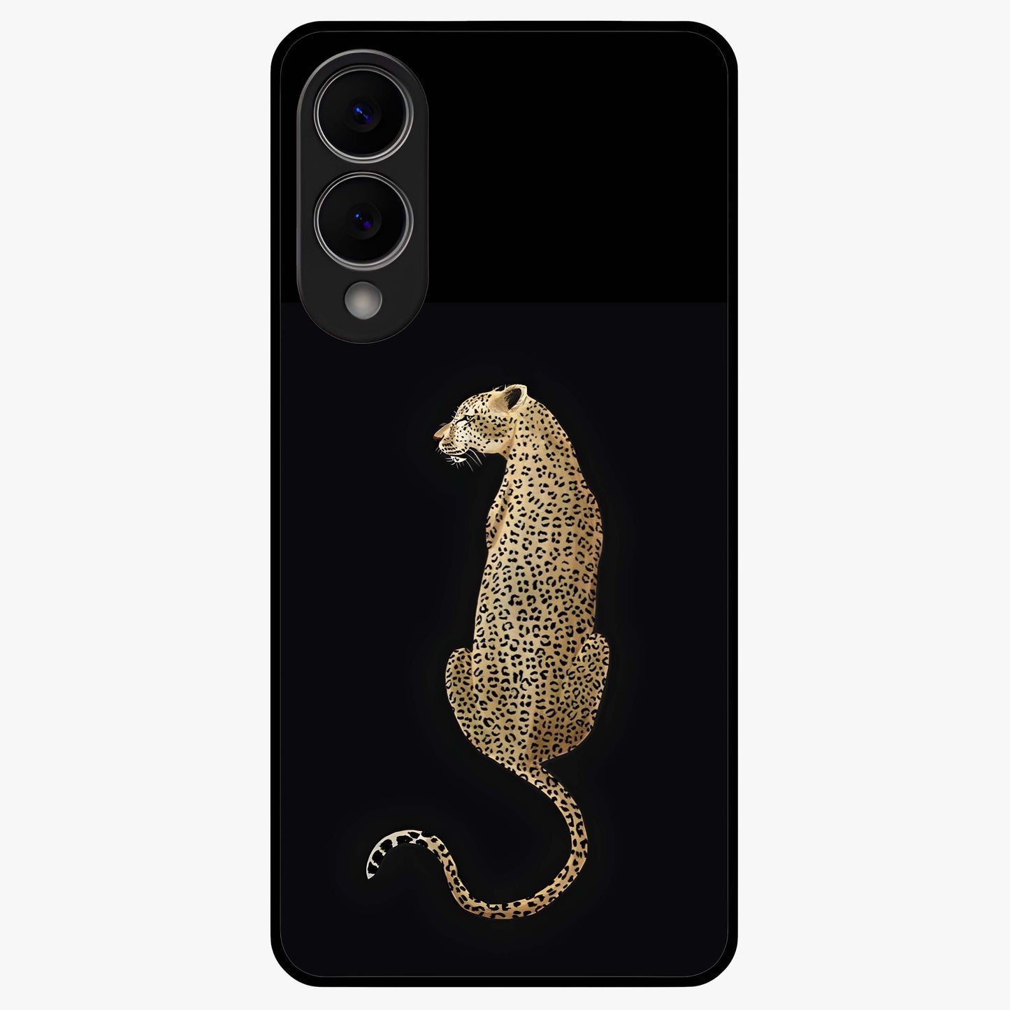 Regal Leopard Glass Case showing flat back view with bold leopard artwork and glossy glass finish.