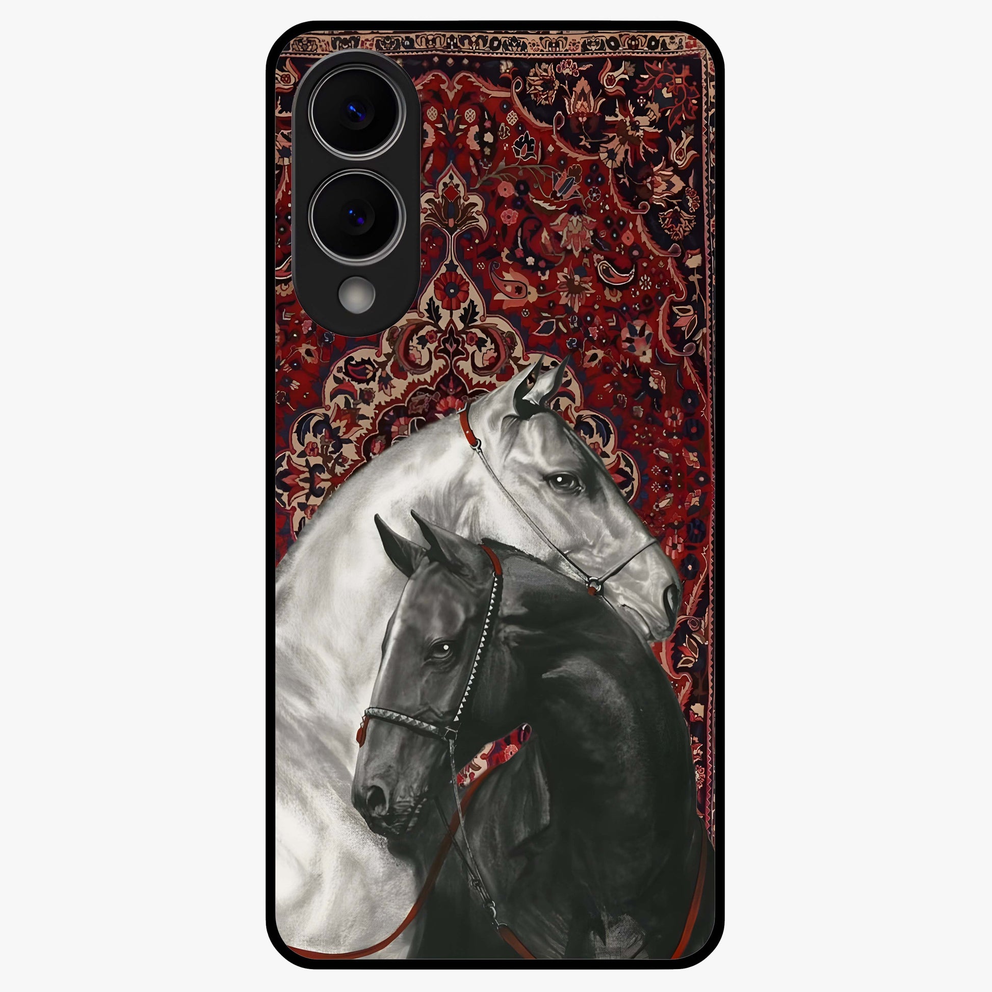 Regal Stallion Tapestry Glass Case showing flat back view with majestic horse tapestry artwork and glossy glass finish.