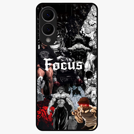 Relentless Power Focus Glass Case showing flat back view with motivational typography artwork and glossy glass finish.