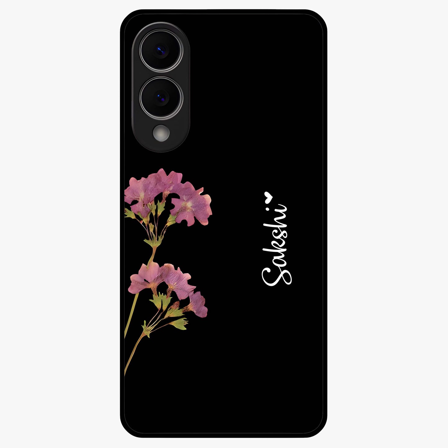 Riching Lavender Flower Custom Name Glass Case showing flat back view with lavender floral artwork and personalized name design.