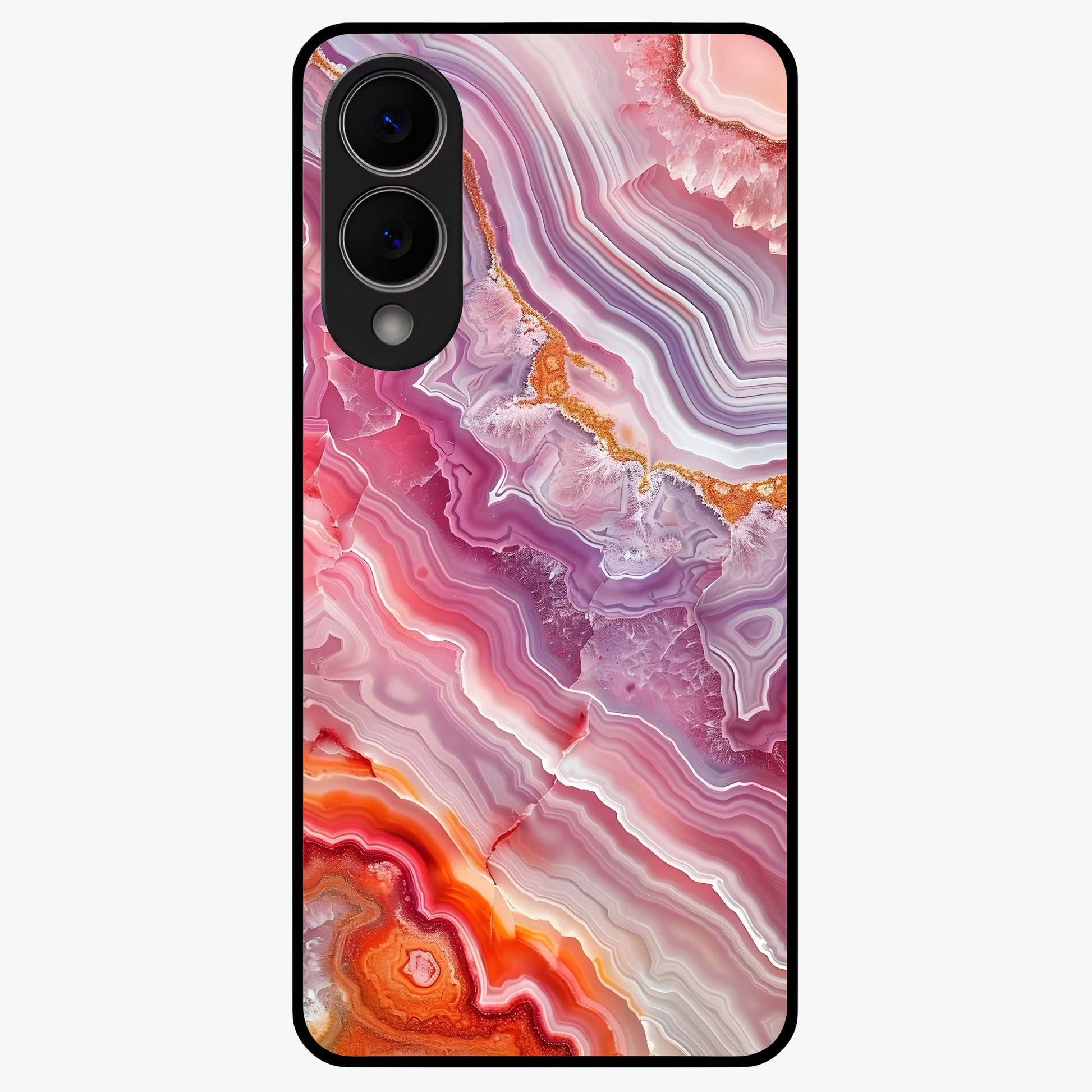Rose Quartz Marble Glass Case showing flat back view with pink marble quartz texture artwork and glossy glass finish.