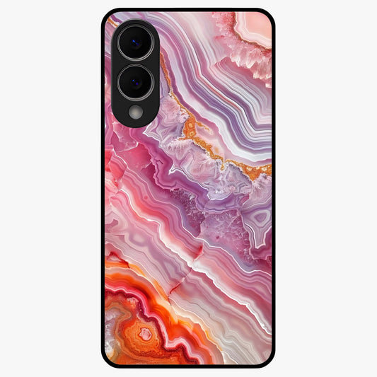 Rose Quartz Marble Glass Case showing flat back view with pink marble quartz texture artwork and glossy glass finish.