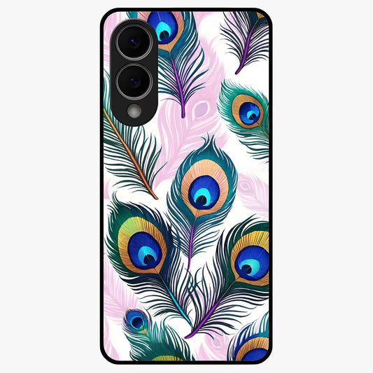 Royal Peacock Feathers Glass Case showing flat back view with colorful peacock feather artwork and glossy glass finish.