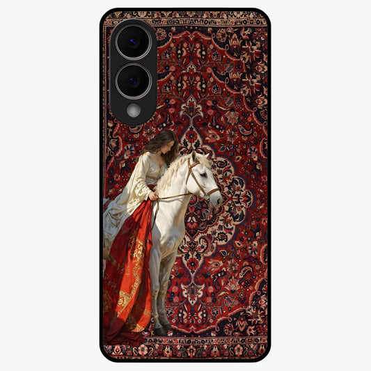 Royal Rider Tapestry Glass Case showing flat back view with majestic horse rider tapestry artwork and glossy glass finish.