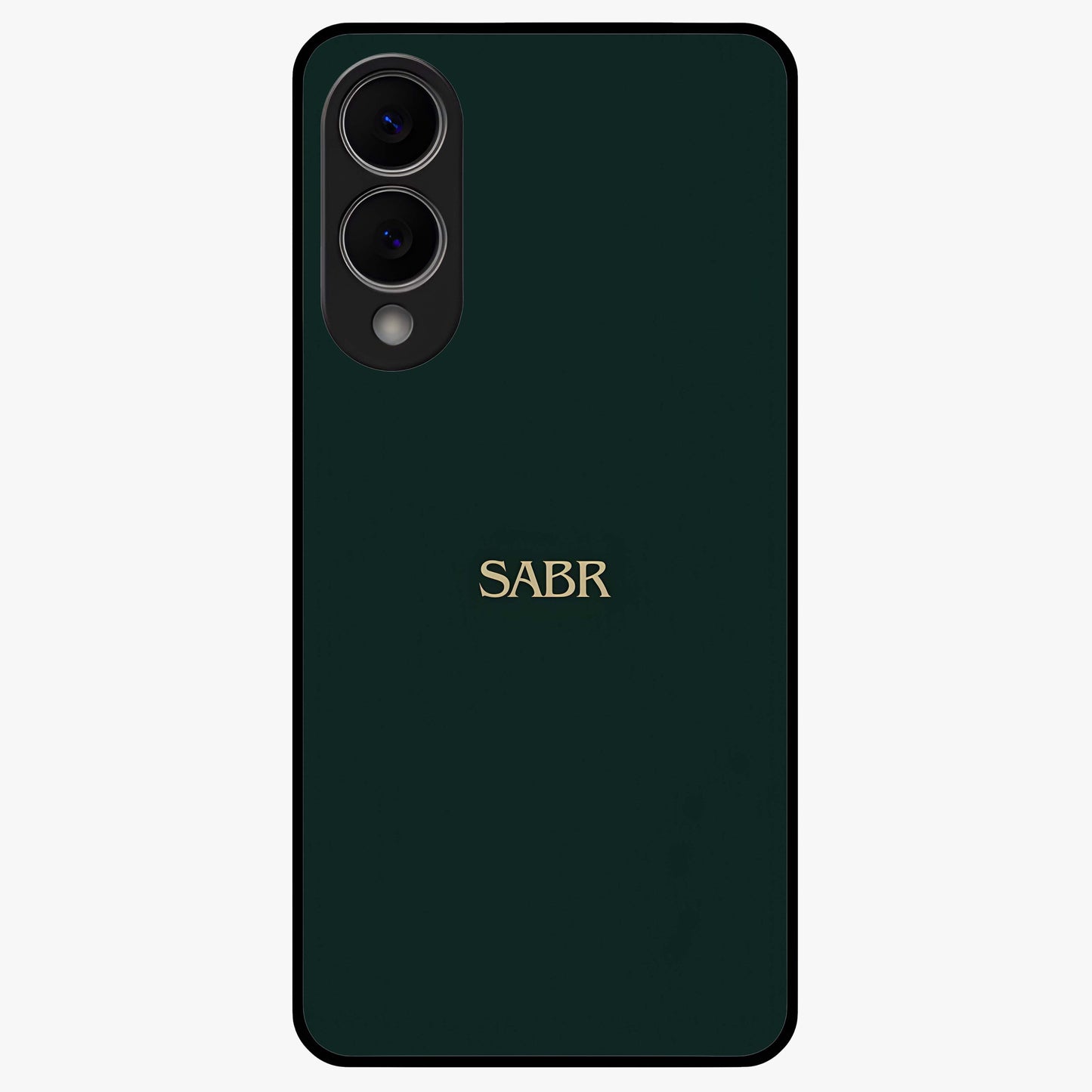 Sabr Minimal Patience Glass Case showing flat back view with minimalist typography artwork and glossy glass finish.