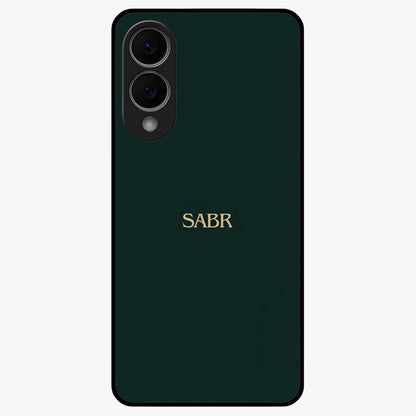 Sabr Minimal Patience Glass Case showing flat back view with minimalist typography artwork and glossy glass finish.