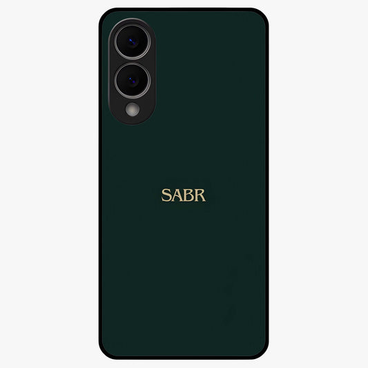 Sabr Minimal Patience Glass Case showing flat back view with minimalist typography artwork and glossy glass finish.