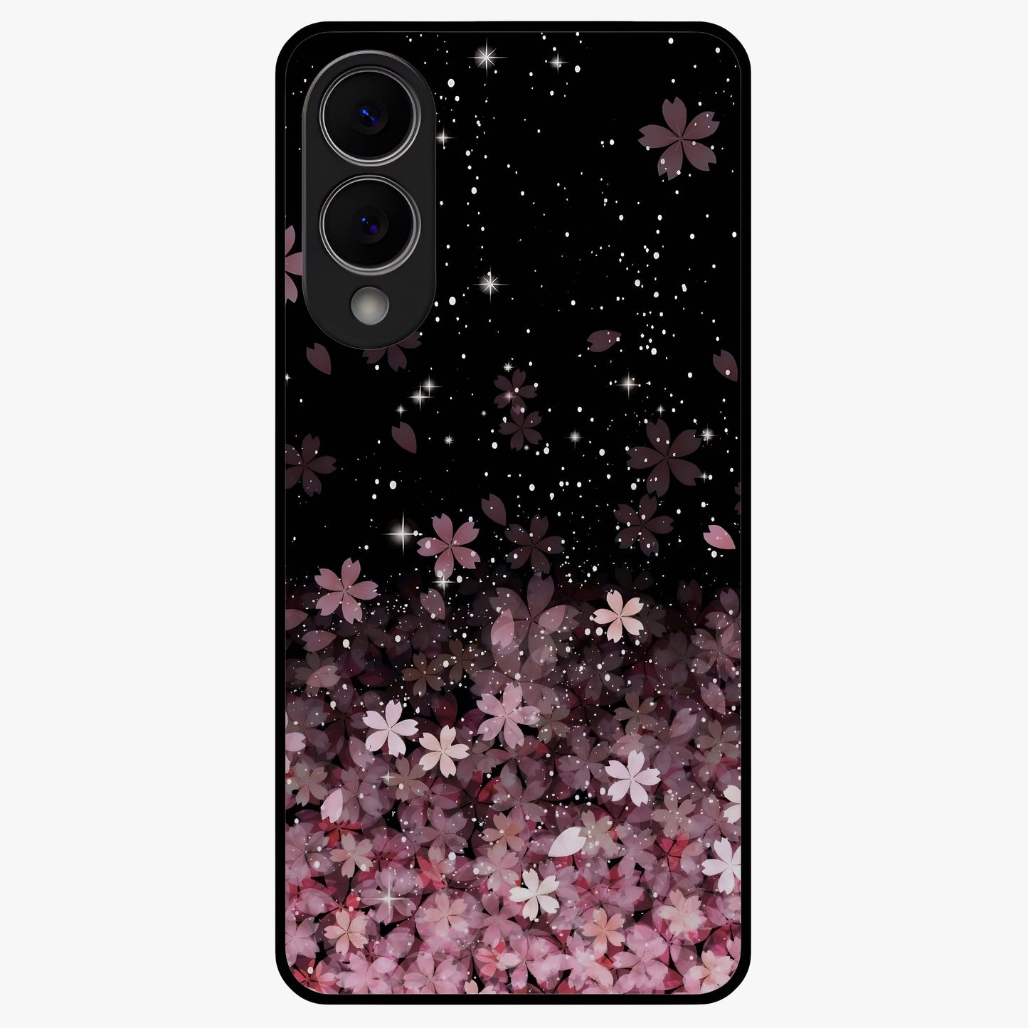 Small Starry Flowers Glass Case showing flat back view with delicate starry floral artwork and glossy glass finish.
