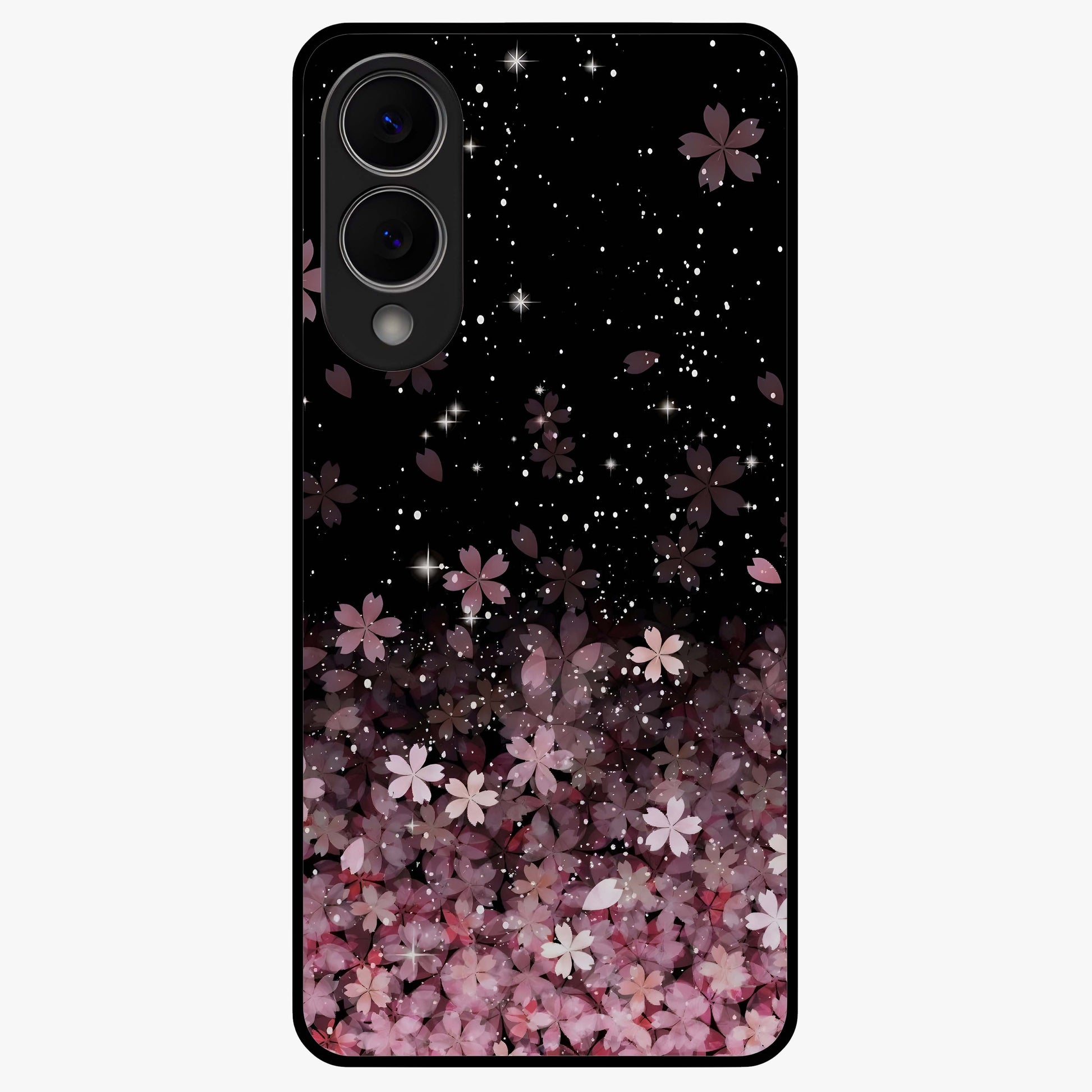 Small Starry Flowers Glass Case showing flat back view with delicate starry floral artwork and glossy glass finish.