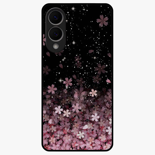 Small Starry Flowers Glass Case showing flat back view with delicate starry floral artwork and glossy glass finish.