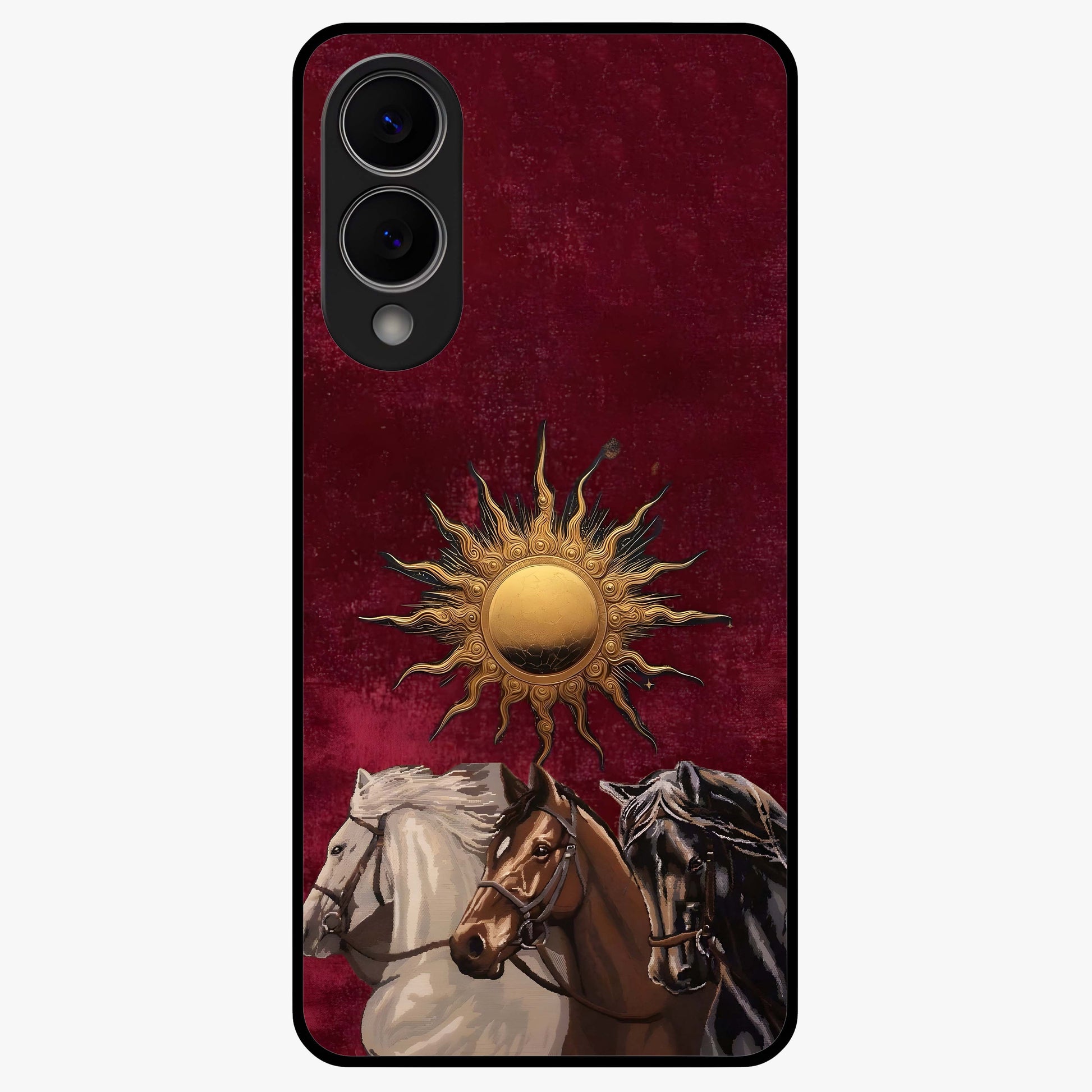 Solar Riders Glass Case showing flat back view with dynamic rider themed artwork and glossy glass finish.