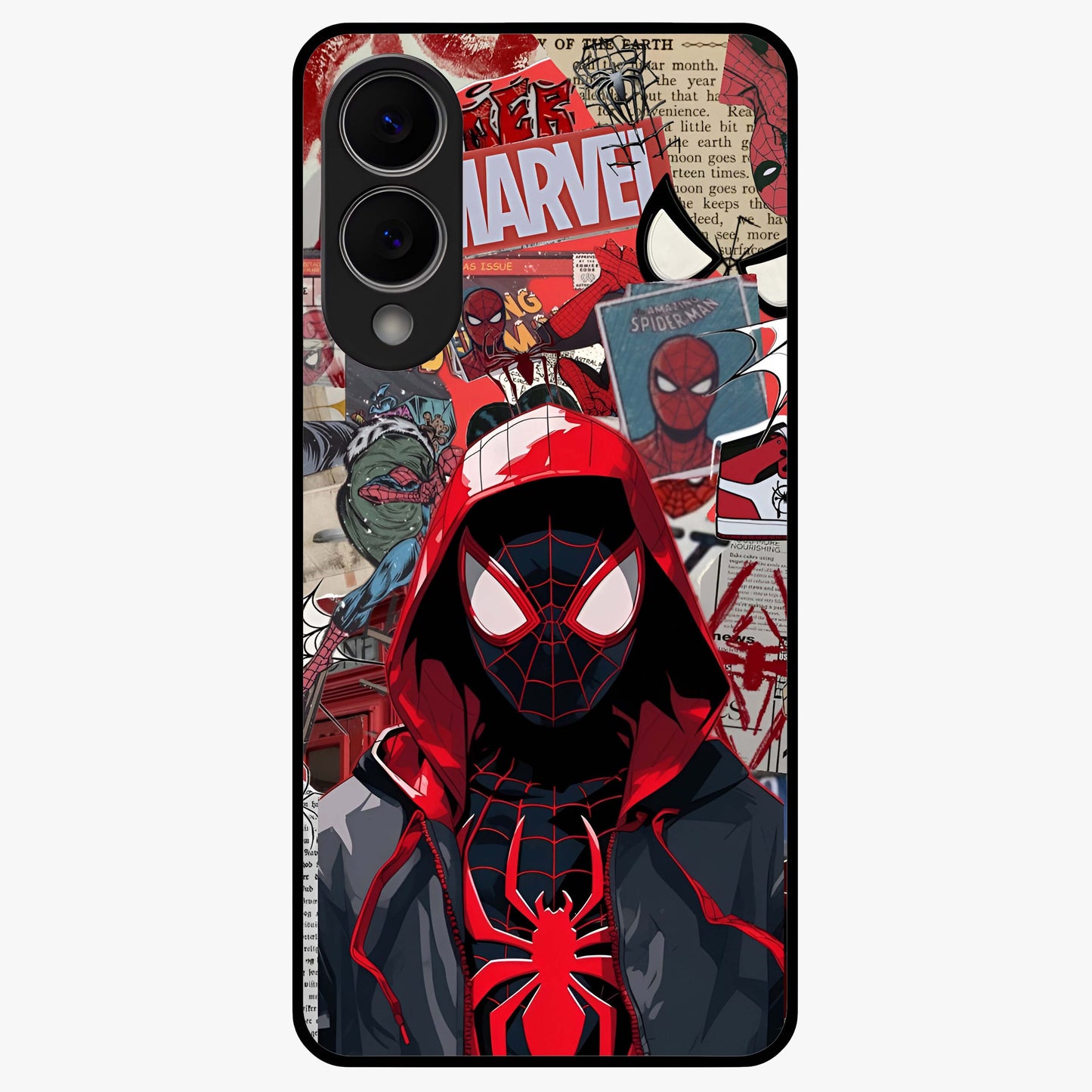 Spider Collage Street Glass Case showing flat back view with vibrant superhero collage artwork and glossy glass finish.