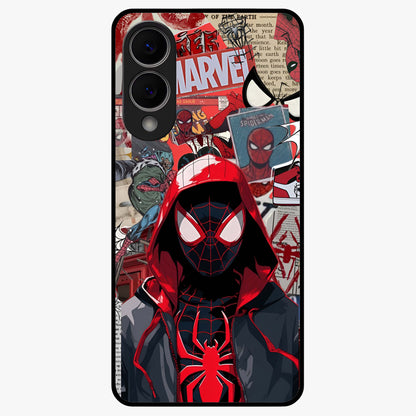 Spider Collage Street Glass Case showing flat back view with vibrant superhero collage artwork and glossy glass finish.