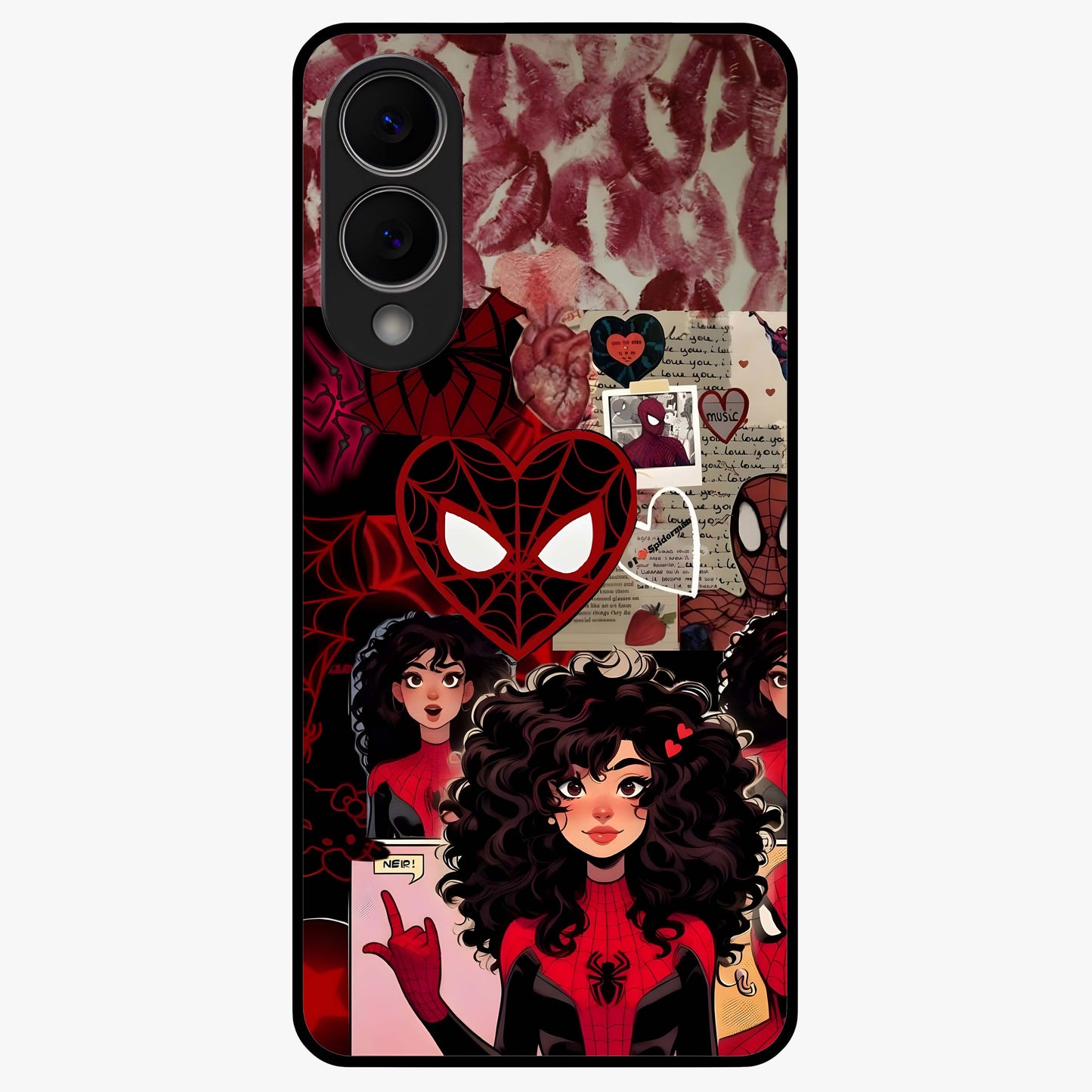 Spider Love Story Glass Case showing flat back view with romantic superhero themed artwork and glossy glass finish.