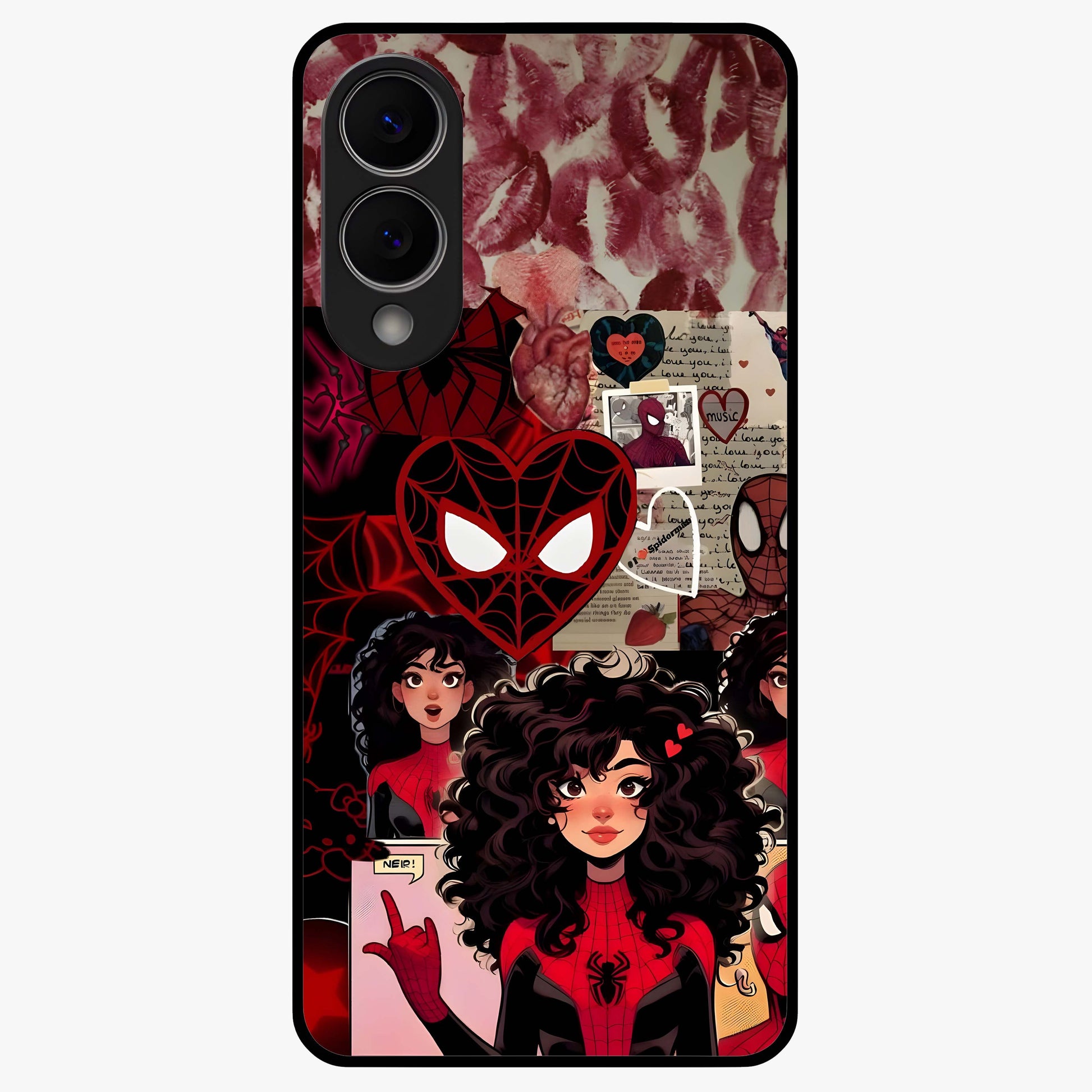 Spider Love Story Glass Case showing flat back view with romantic superhero themed artwork and glossy glass finish.
