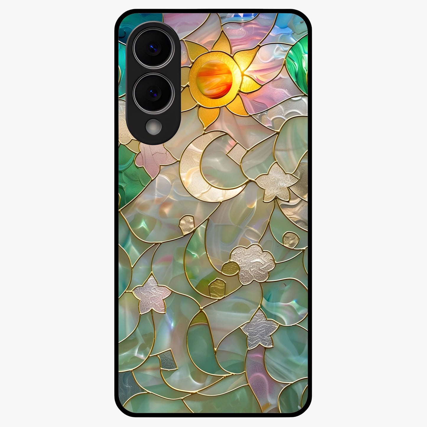 Stained Sunrise Glow Glass Case showing flat back view with glowing sunrise stained pattern artwork and glossy glass finish.