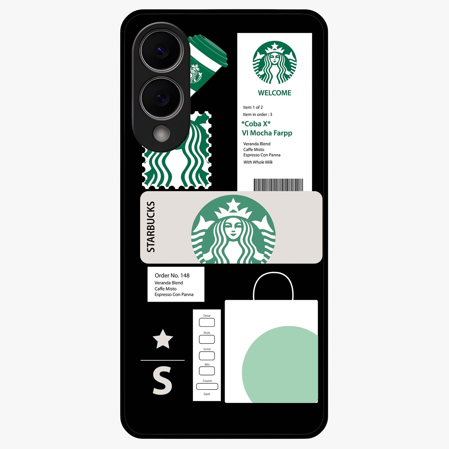 Starbucks Mocha Glass Case showing flat back view with coffee inspired artwork and glossy glass finish.