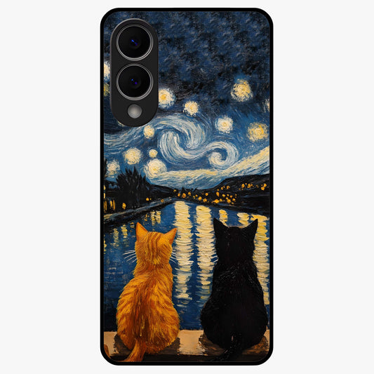 Starry River Cats Glass Case showing flat back view with cats by a starry river artwork and glossy glass finish.