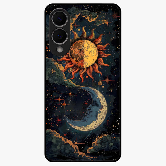 Sun And Moon Magic Design Glass Case showing flat back view with mystical sun and moon artwork and glossy glass finish.
