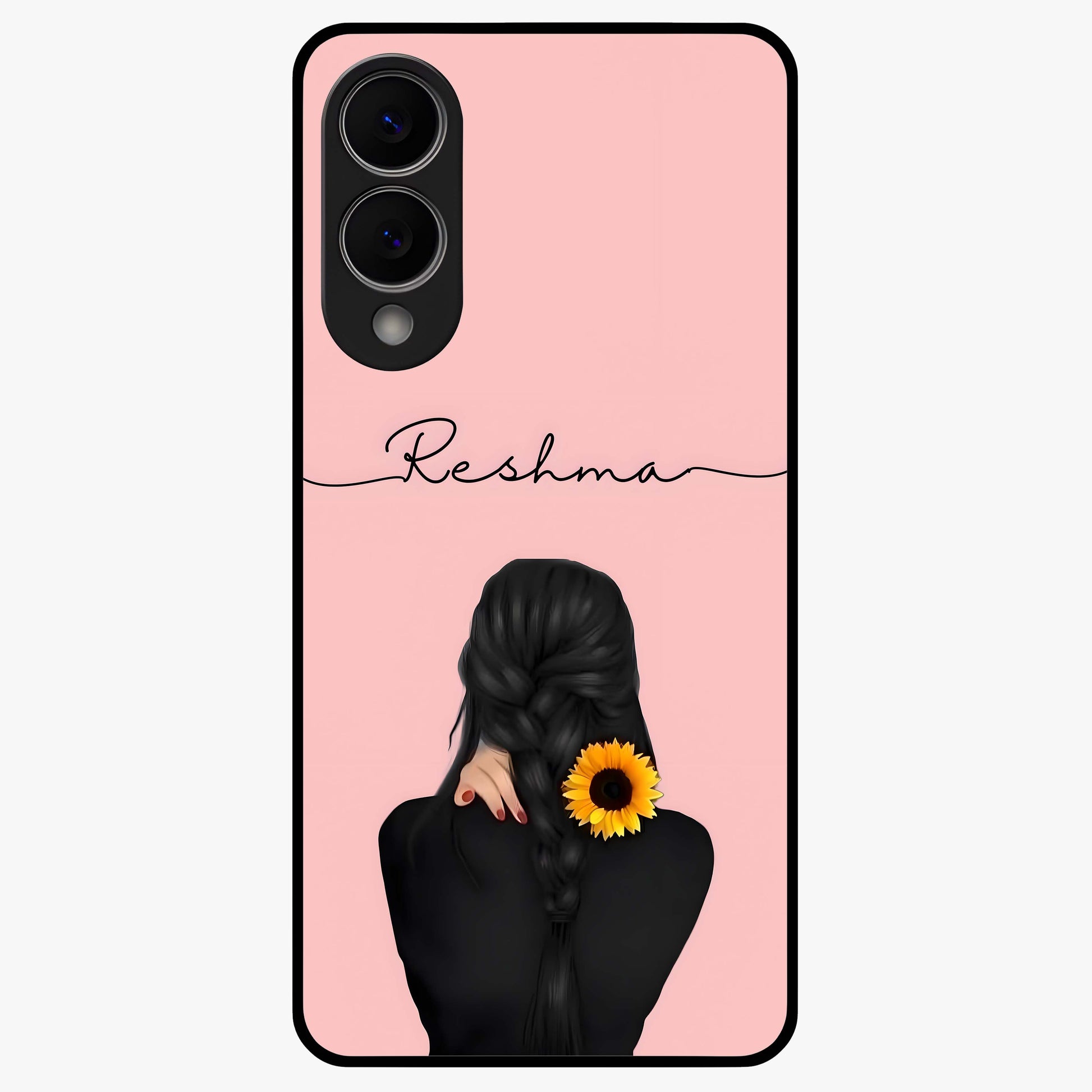 Sunflower Braid Beauty With Custom Name Glass Case showing flat back view with sunflower braid artwork and personalized name design.