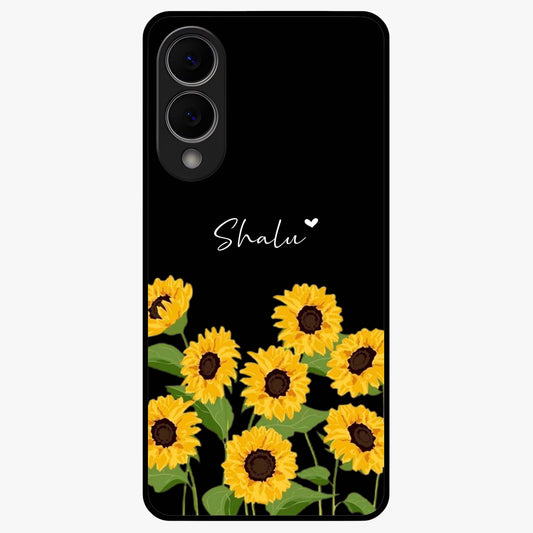 Sunflower Chic Mood Custom Name Glass Case showing flat back view with stylish sunflower artwork and personalized name design.