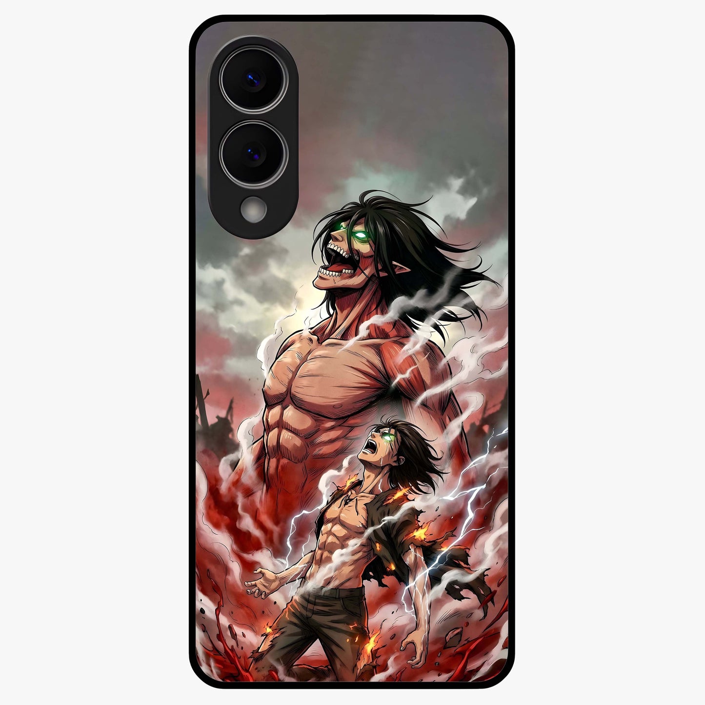 Titan Awakening Fury Glass Case showing flat back view with powerful titan inspired artwork and glossy glass finish.