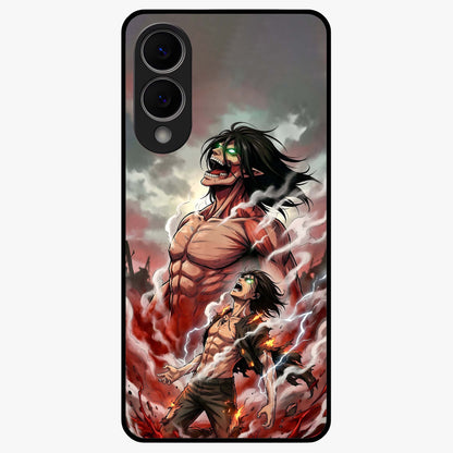 Titan Awakening Fury Glass Case showing flat back view with powerful titan inspired artwork and glossy glass finish.