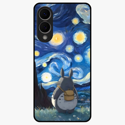Totoro In Van Gogh Art Glass Case showing flat back view with whimsical character artwork inspired by Van Gogh style and glossy glass finish.