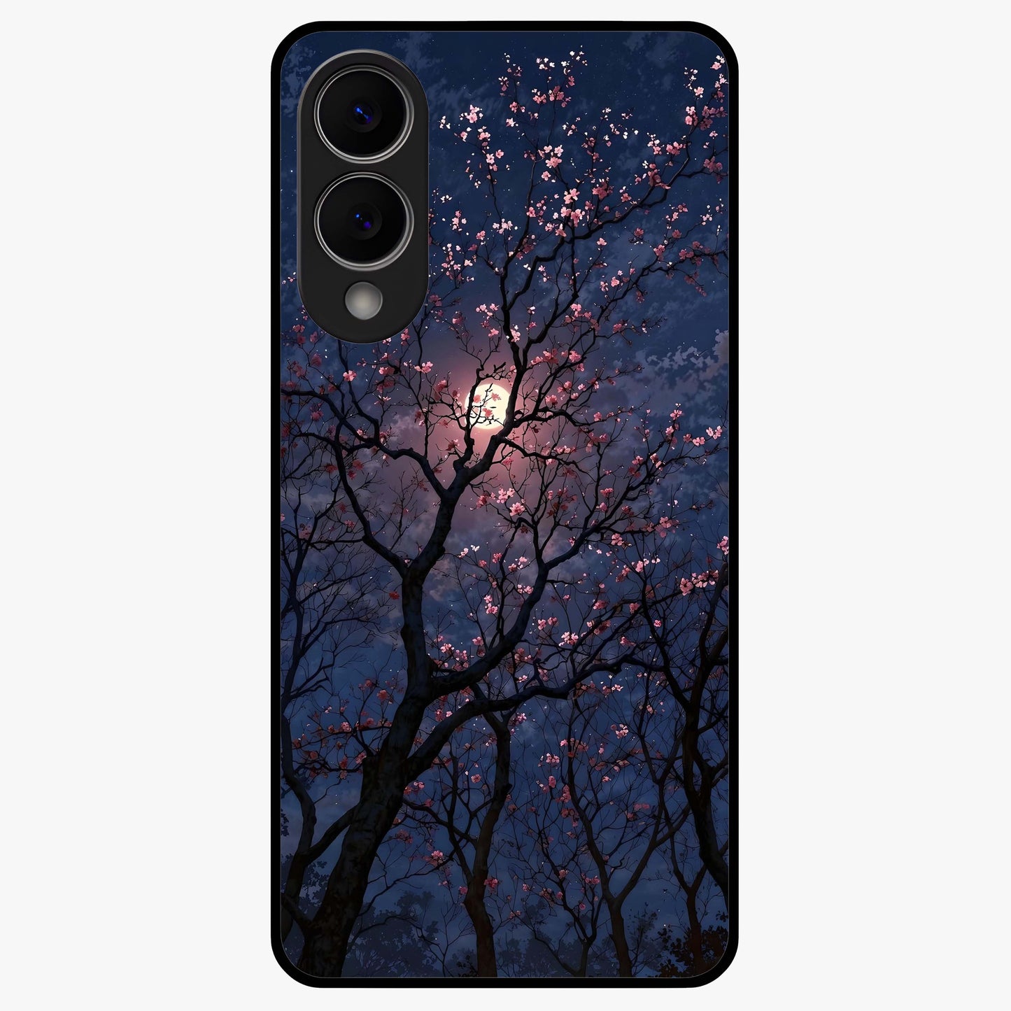 Twilight Sakura Serenade Glass Case showing flat back view with cherry blossom artwork at twilight and glossy glass finish.