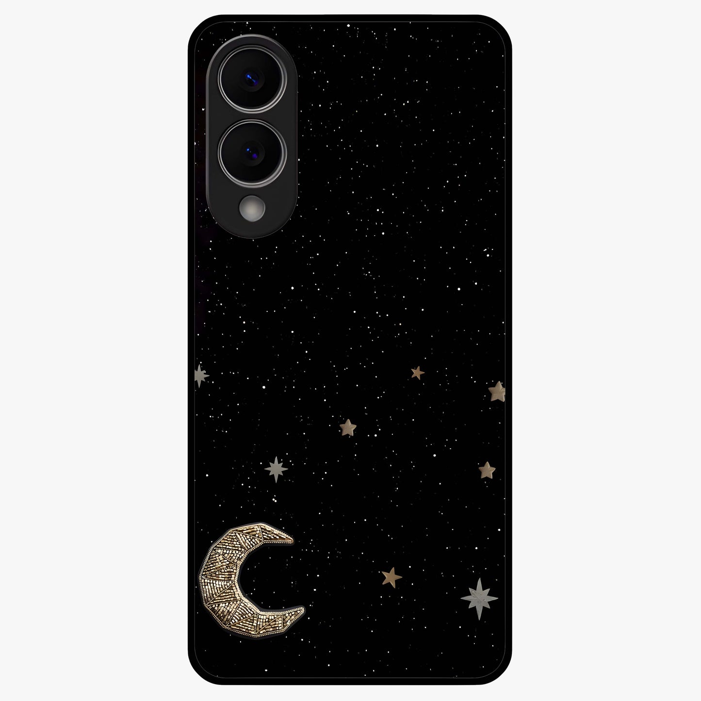 Twinkle Star With Half Moon Glass Case showing flat back view with star and half moon artwork and glossy glass finish.