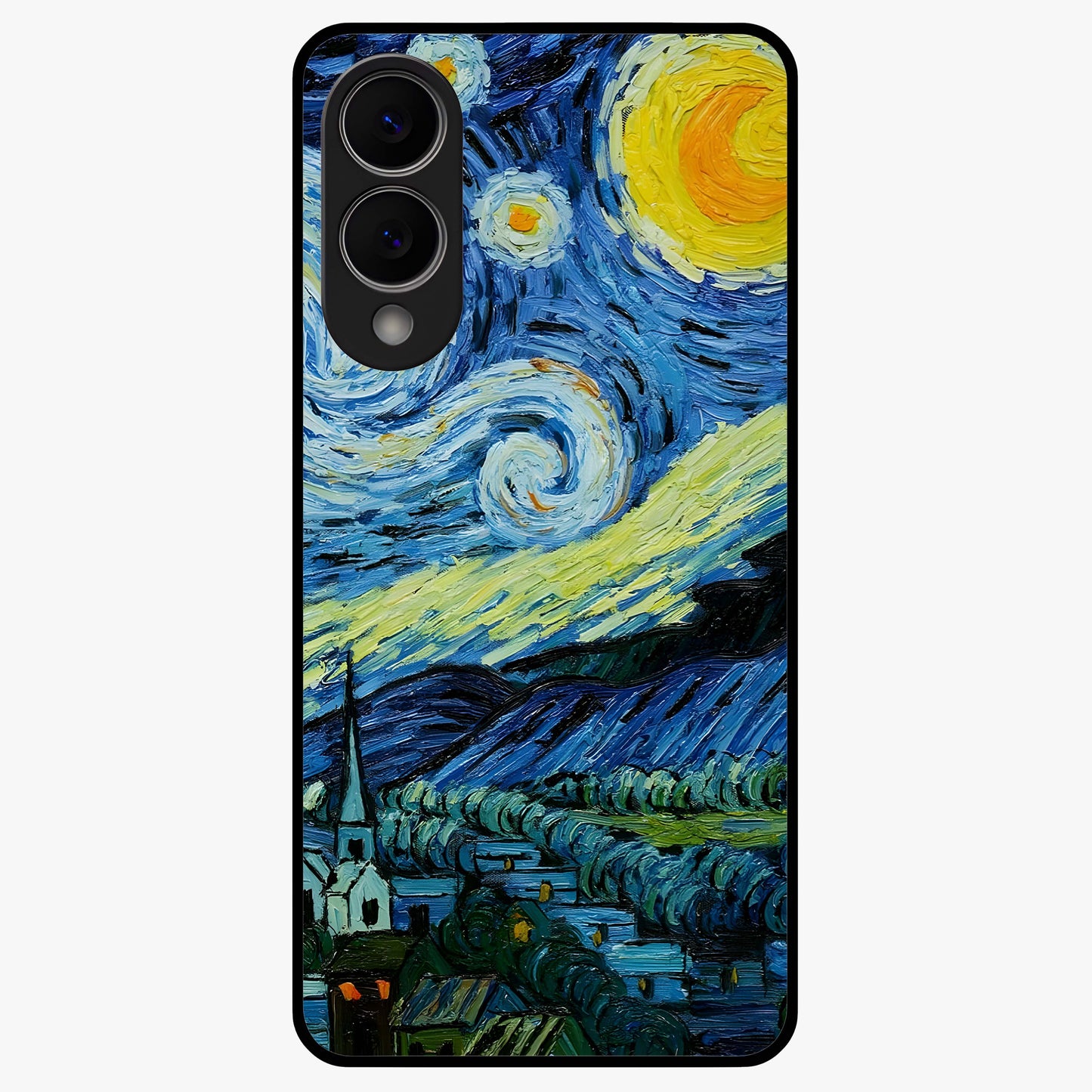 Van Gogh Art Glass Case showing flat back view with classic painterly artwork inspired by Van Gogh style and glossy glass finish.