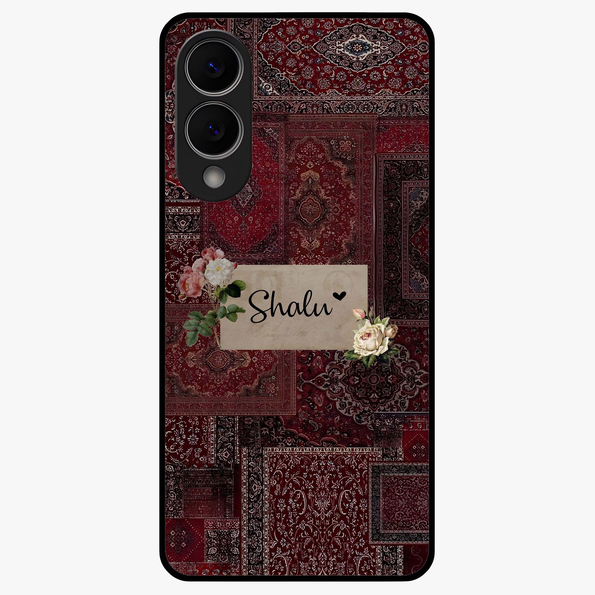 Velvet Wine Pattern Custom Name Glass Case showing flat back view with elegant wine colored pattern artwork and personalized name design.