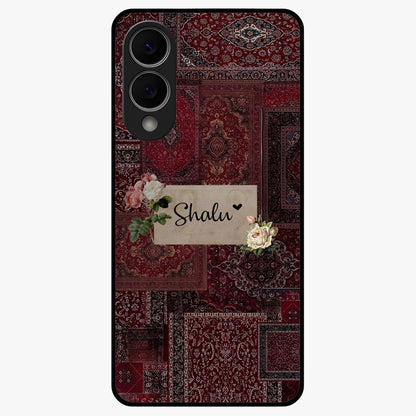 Velvet Wine Pattern Custom Name Glass Case showing flat back view with elegant wine colored pattern artwork and personalized name design.