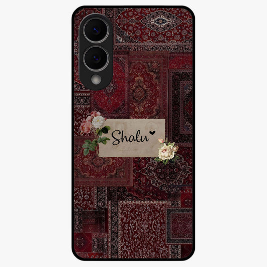 Velvet Wine Pattern Custom Name Glass Case showing flat back view with elegant wine colored pattern artwork and personalized name design.
