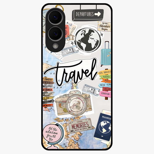 Wanderlust Journal Glass Case showing flat back view with travel inspired artwork and glossy glass finish.