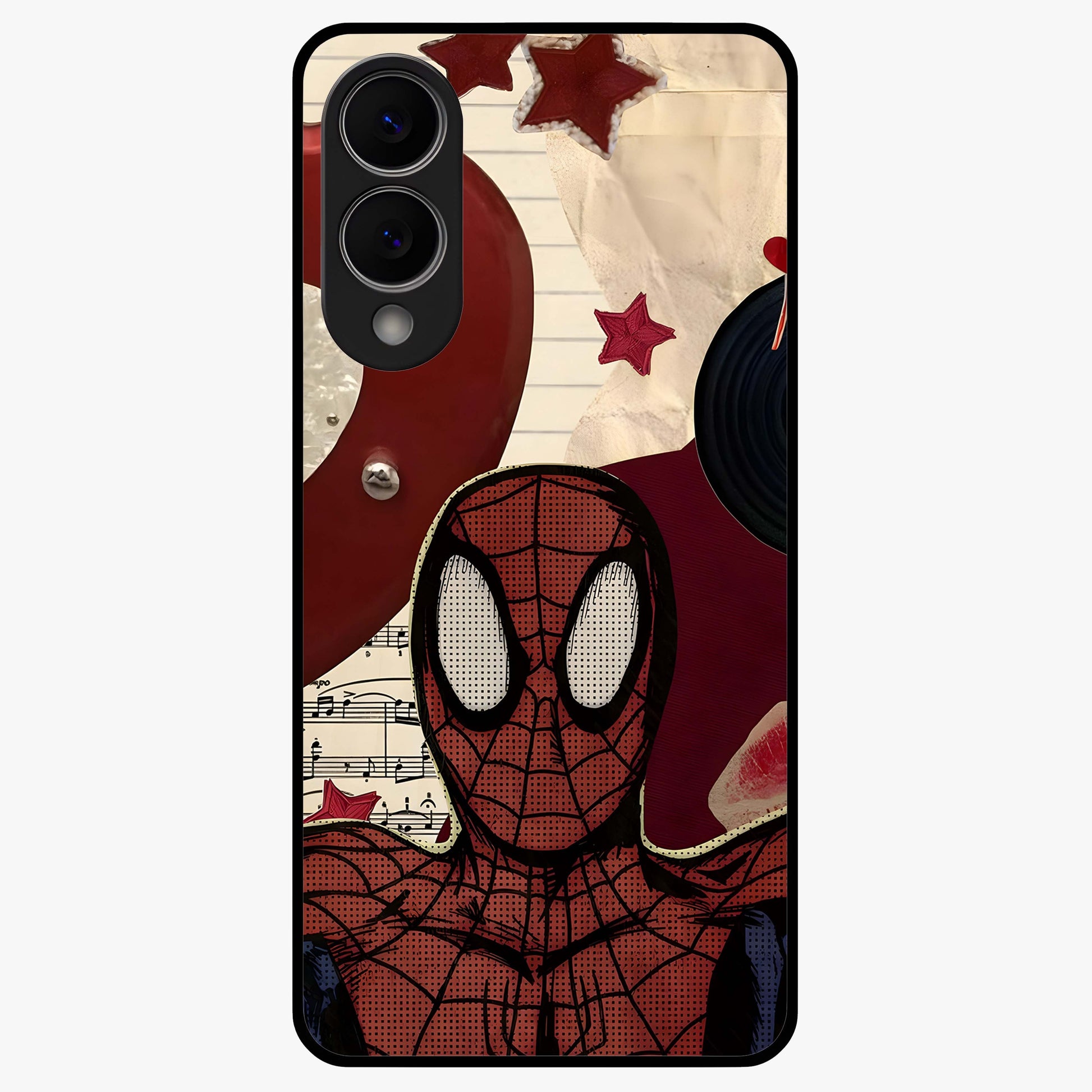 Web Warrior Vibes Glass Case showing flat back view with superhero inspired web themed artwork and glossy glass finish.