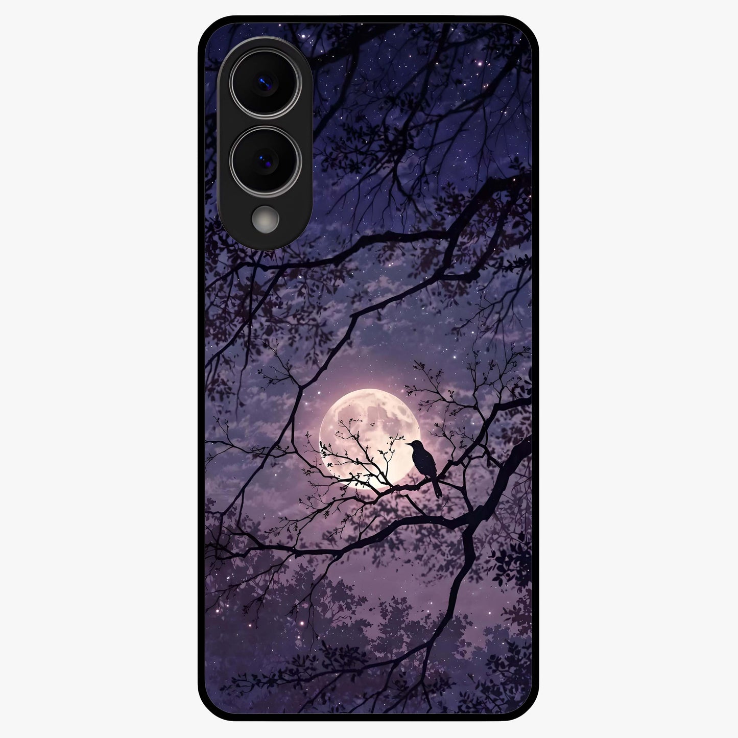 Whispering Moon Silence Glass Case showing flat back view with serene moon themed artwork and glossy glass finish.
