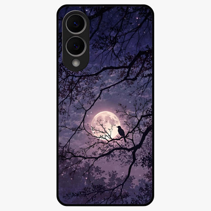 Whispering Moon Silence Glass Case showing flat back view with serene moon themed artwork and glossy glass finish.