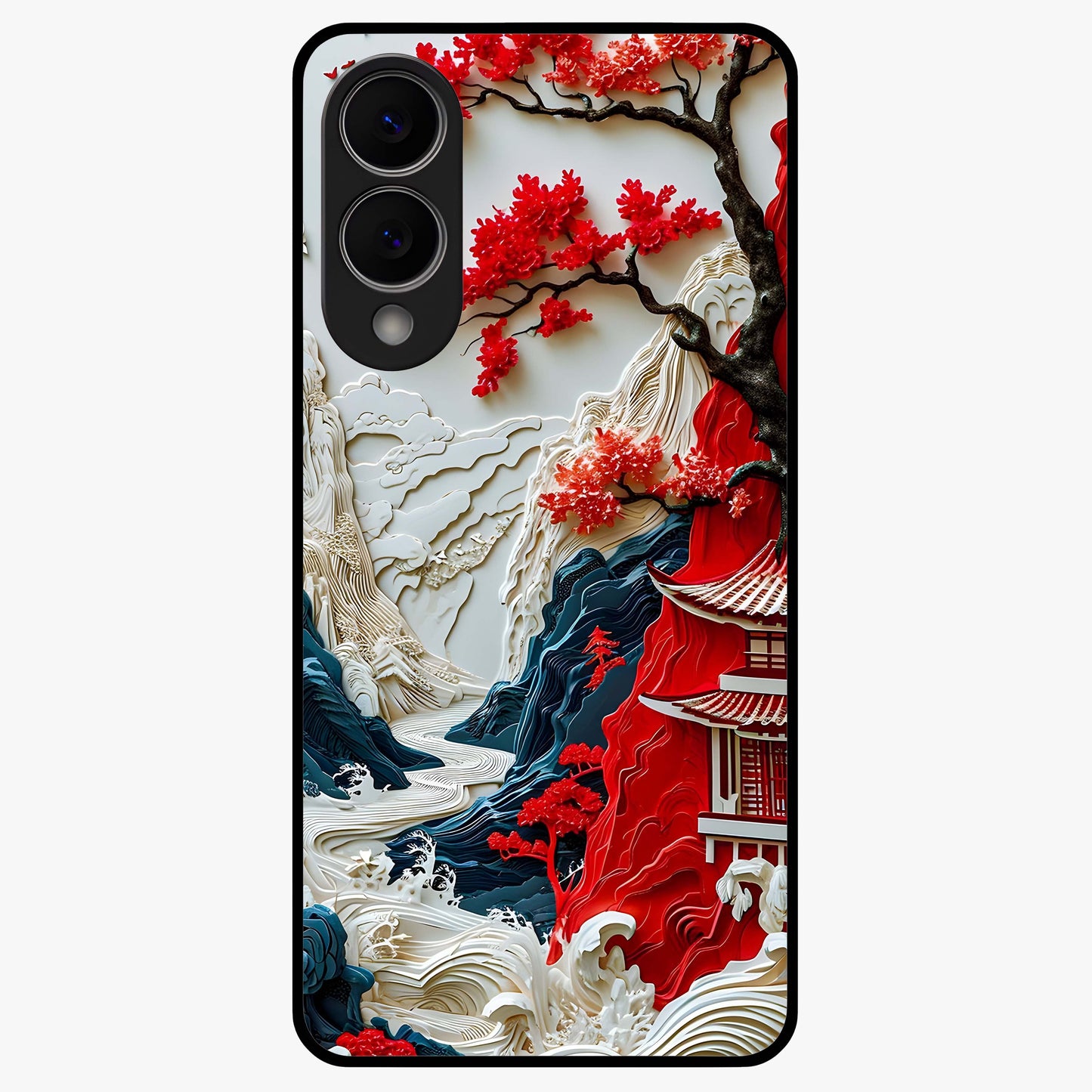 Whispers Of Sakura Waves Glass Case showing flat back view with cherry blossom wave artwork and glossy glass finish.