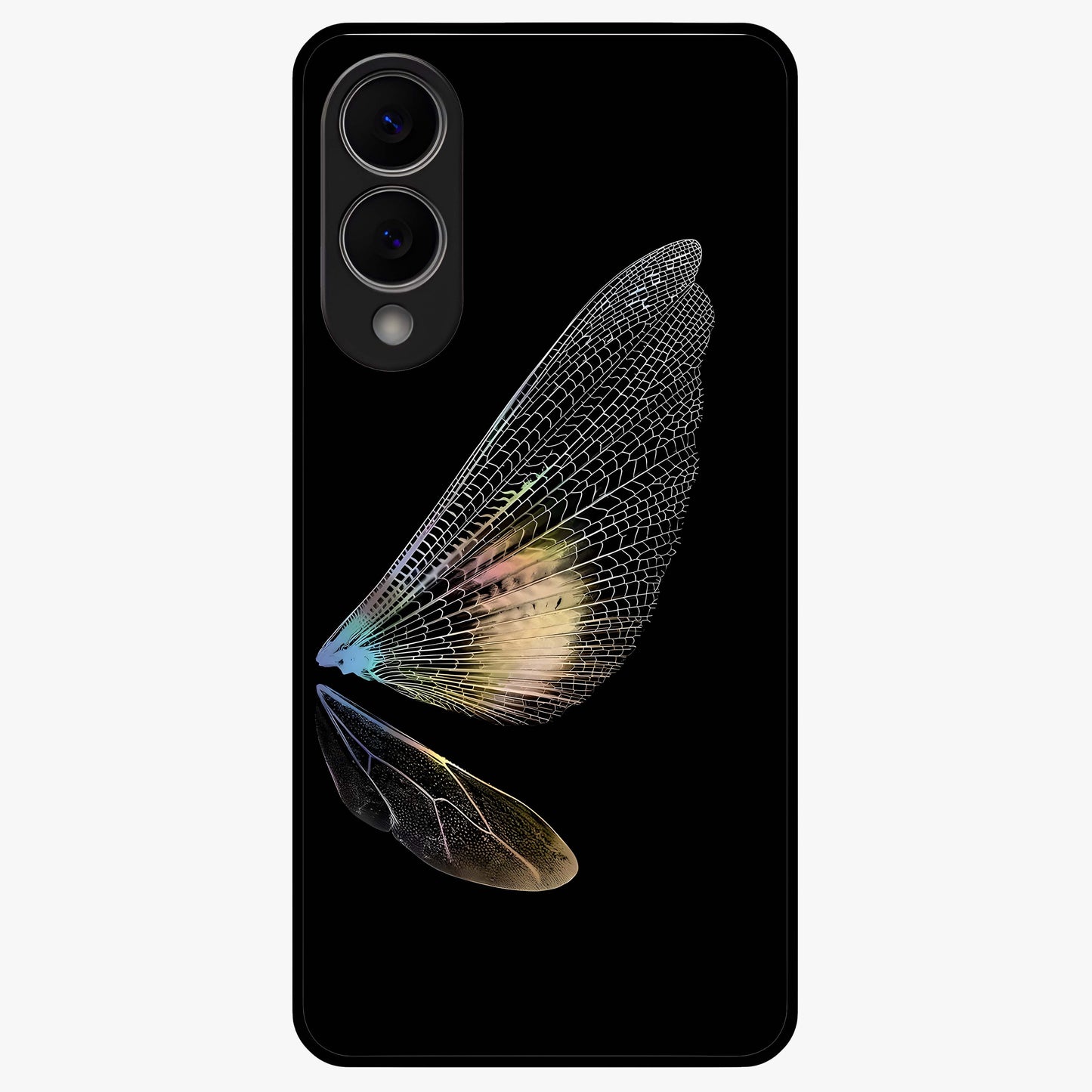 Whispers Of Wings Glass Case showing flat back view with graceful wing inspired artwork and glossy glass finish.