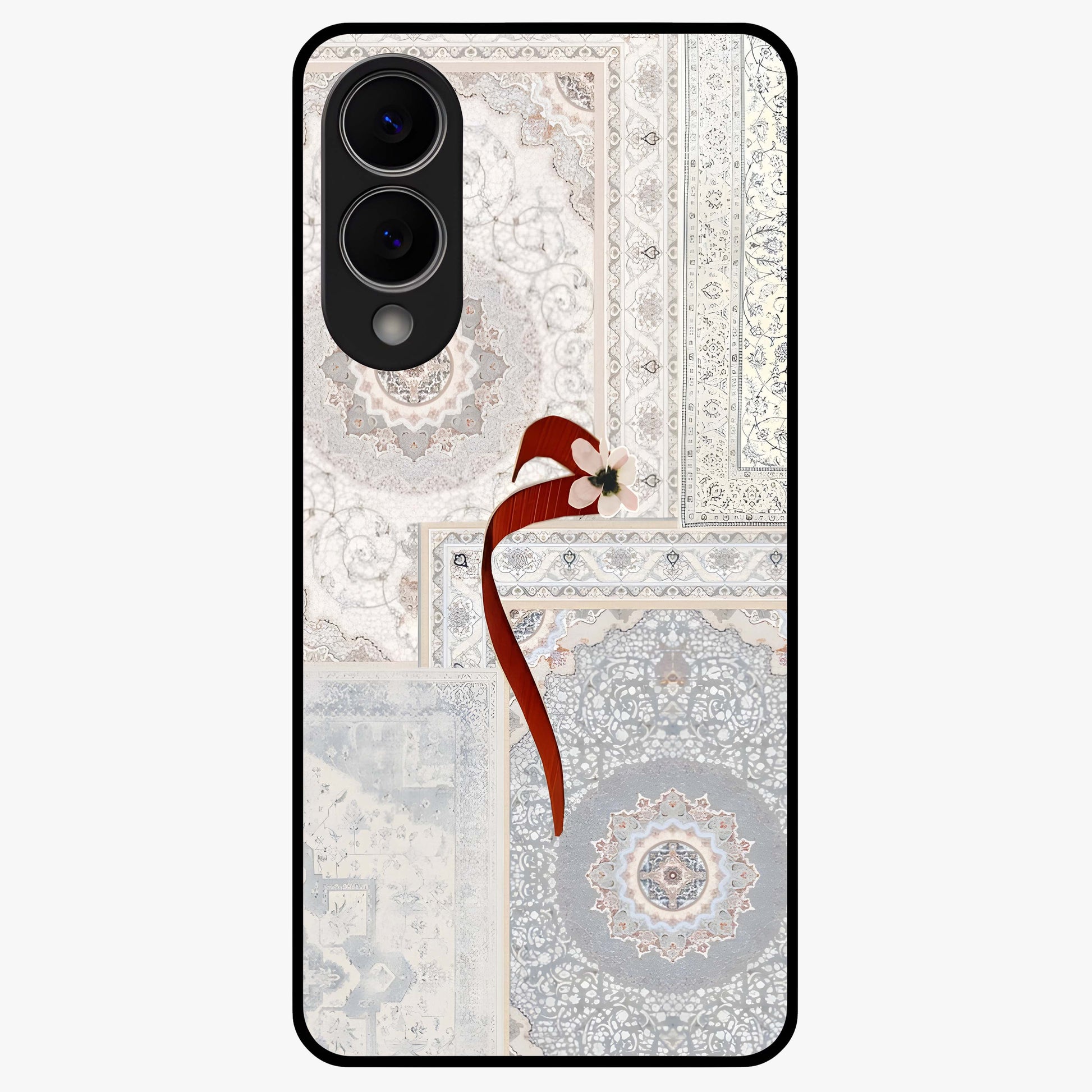 White Aesthetic Bow Glass Case showing flat back view with minimal bow artwork and glossy glass finish.