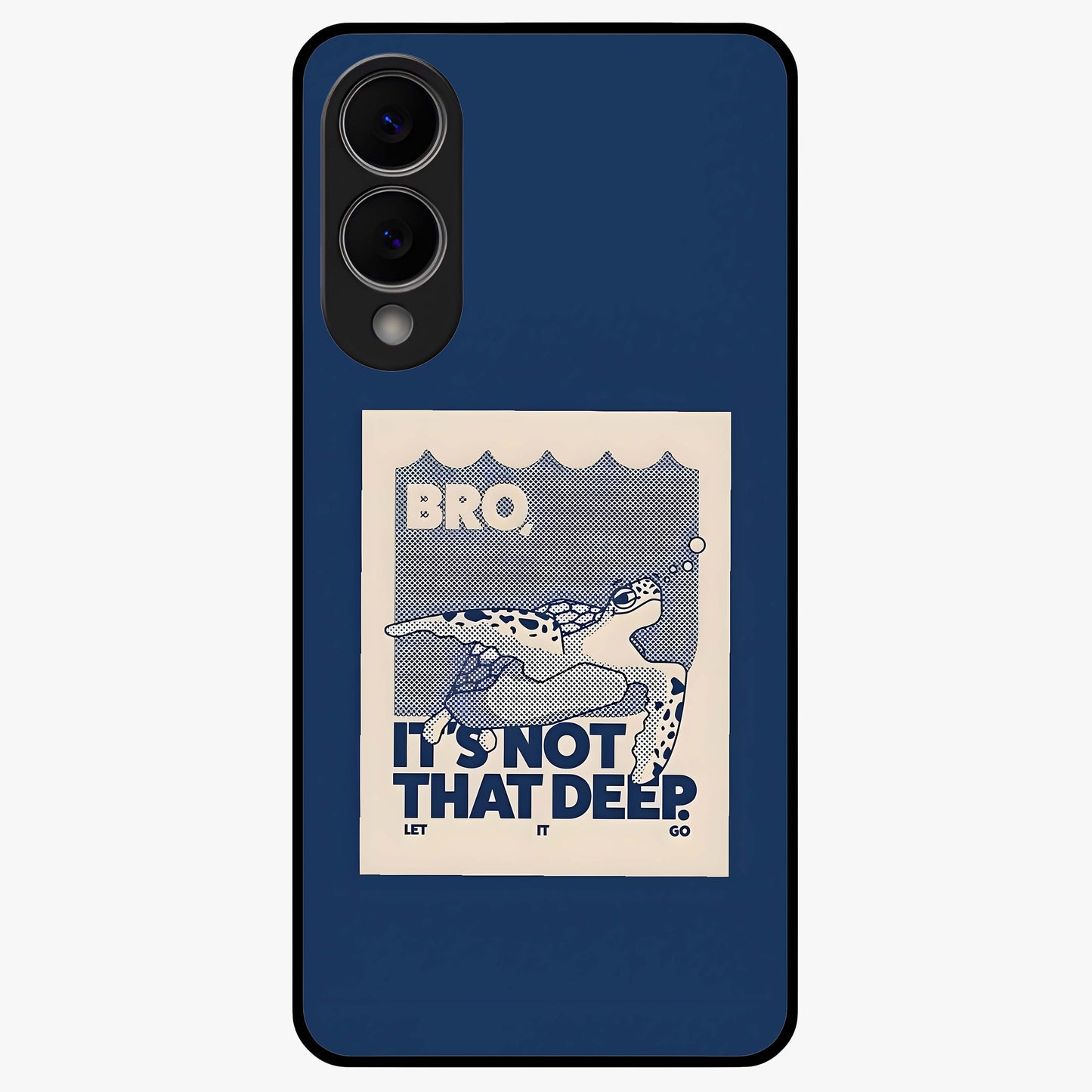 Worry Less Swim Glass Case showing flat back view with playful motivational artwork and glossy glass finish.