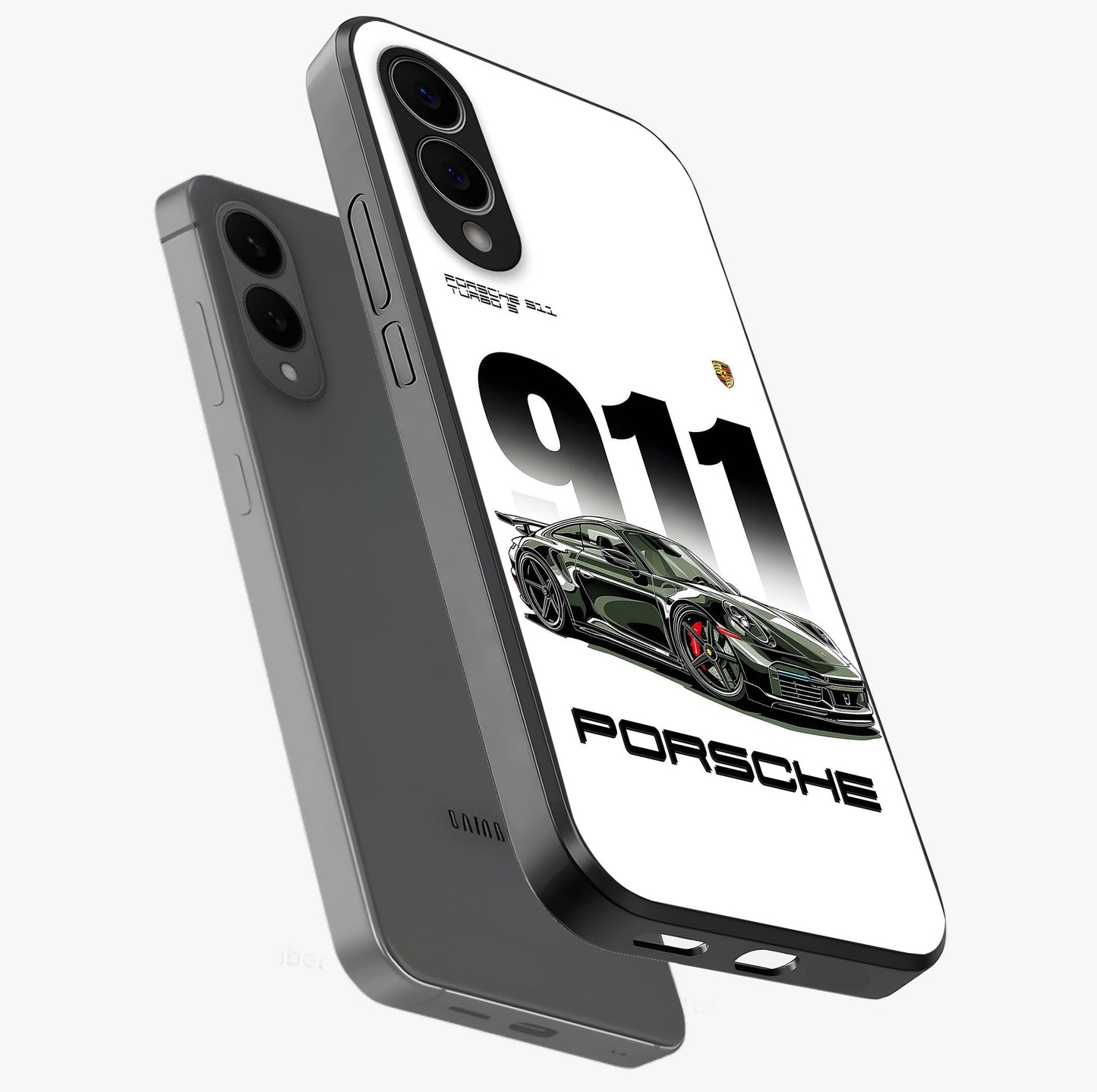 911 Turbo Dominance Glass Case displayed in premium angled mockup highlighting sporty car illustration and sleek glass surface.