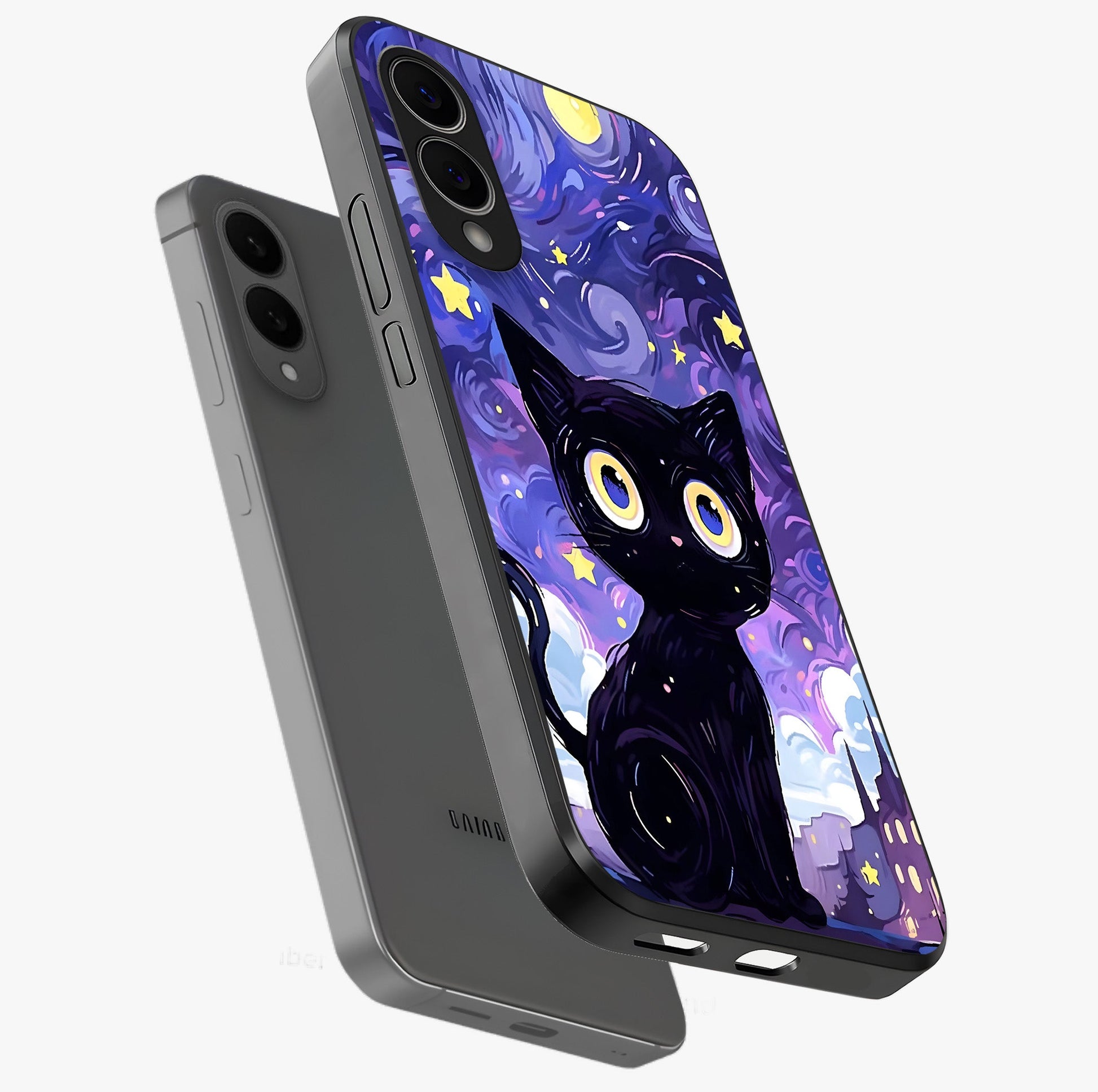 Abstract Cat Art Glass Case displayed in angled mockup highlighting modern abstract cat artwork and sleek glass surface.