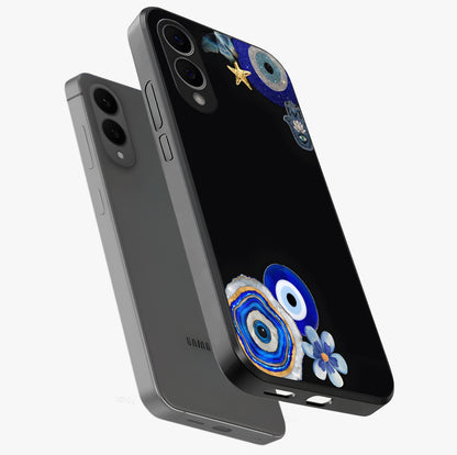 Aesthetic Blue Evil Eye Glass Case displayed in angled mockup highlighting blue evil eye symbol and spiritual aesthetic design.