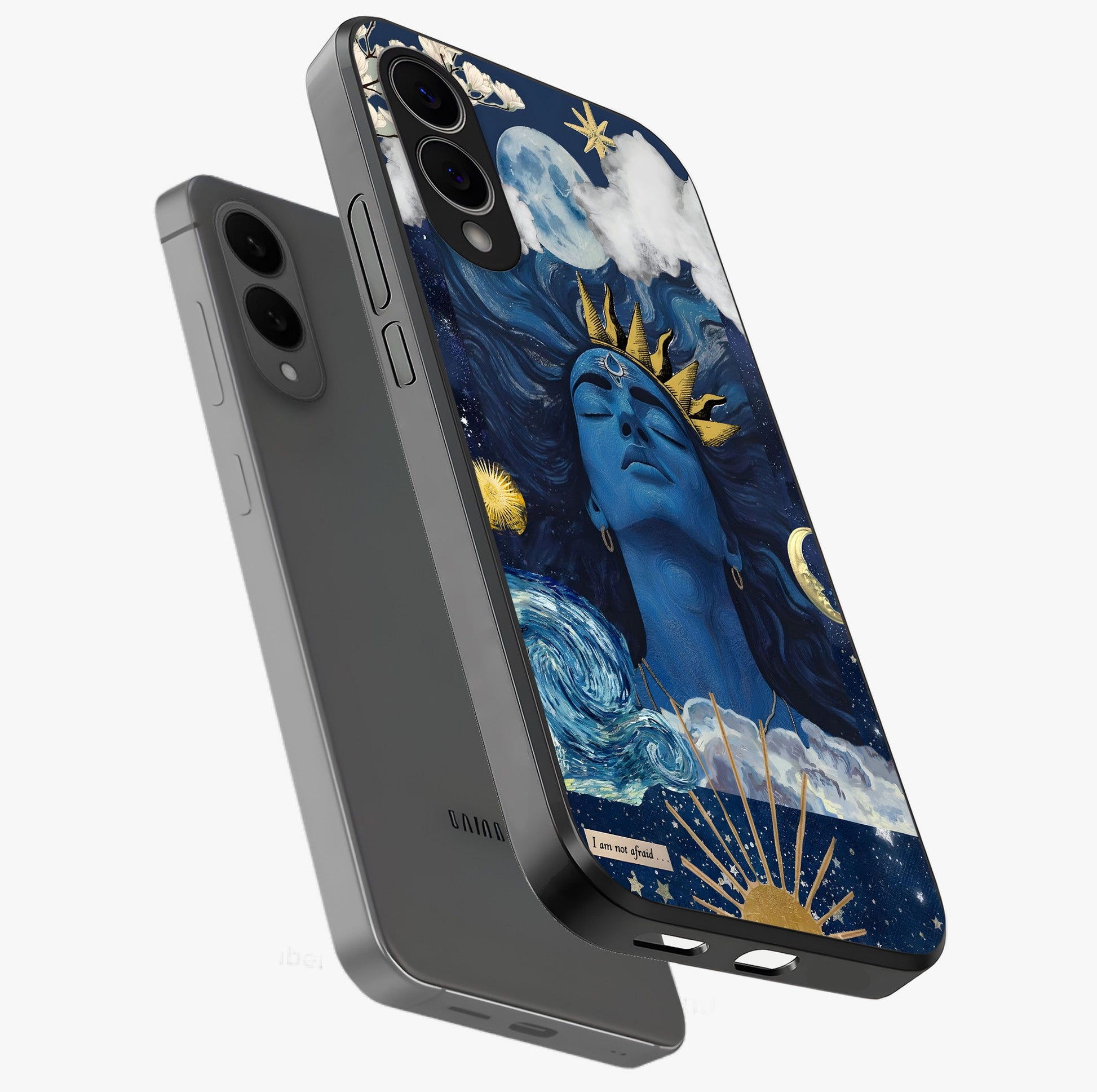Aesthetic Lord Shiva Glass Case displayed in angled mockup highlighting spiritual Shiva illustration and sacred aesthetic design.