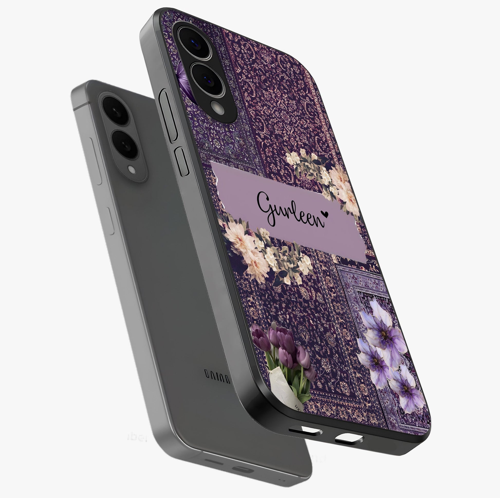 Antique Floral Whisper Custom Name Glass Case displayed in angled mockup highlighting elegant antique floral aesthetic.